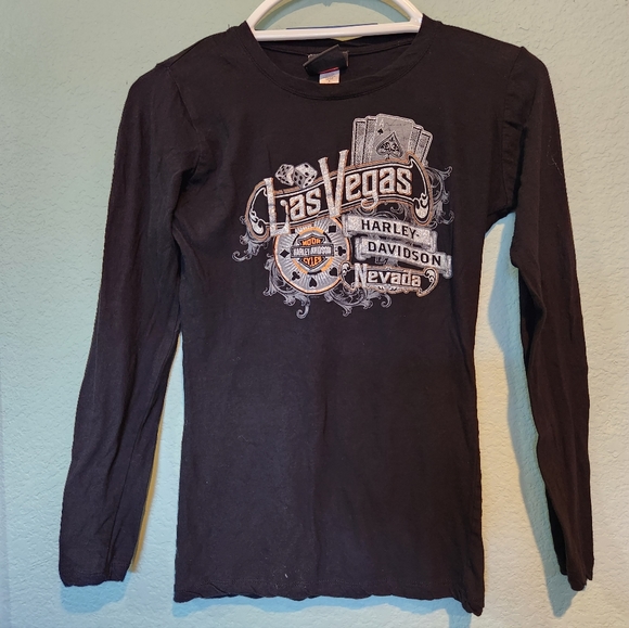 Harley Davidson Las Vegas Top Women Medium Long Sleeve T-shirt Sparkle Logo Dice - Picture 2 of 7